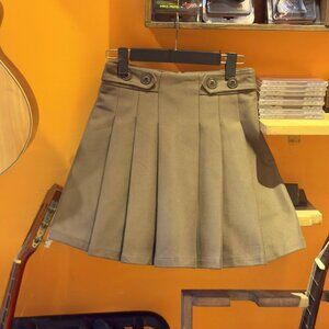 Olive Green Pleated Mini Skirt Button Detail